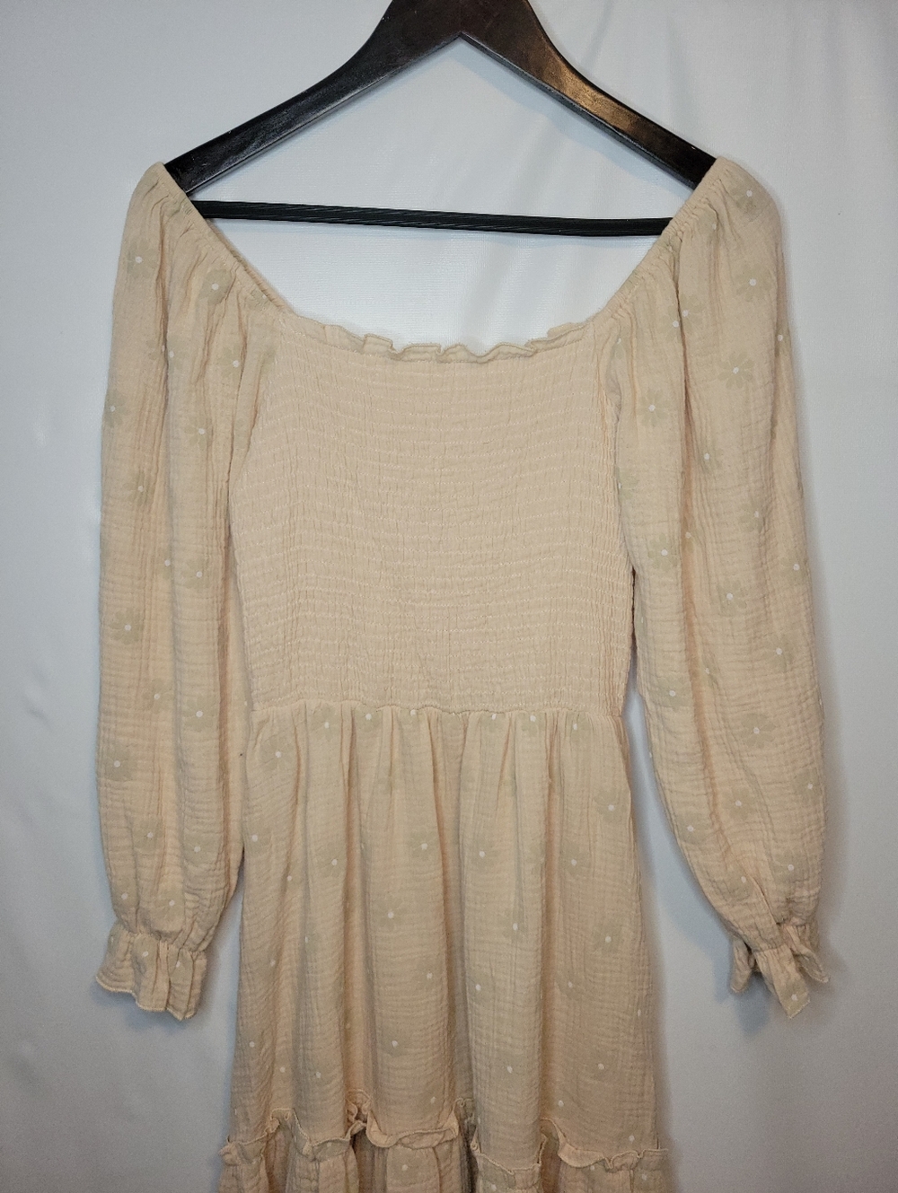 Cotton Textured Blush Cream Long Sleeve Maxi Dress With Smocked Bodice - Picture 5 of 12